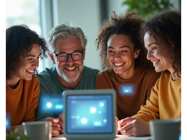 Diverse group of adults 35+ smiling and connecting in a modern, bright community space, with subtle digital overlays indicating forums and activity streams. Represents unity and engagement.