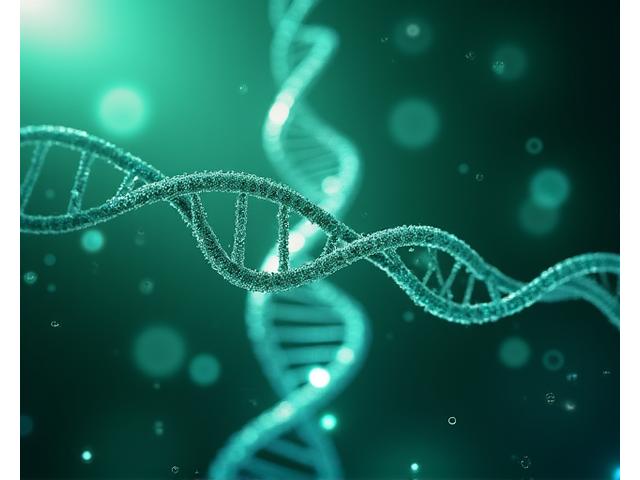 Abstract visualization of a glowing DNA helix with subtle health data overlays