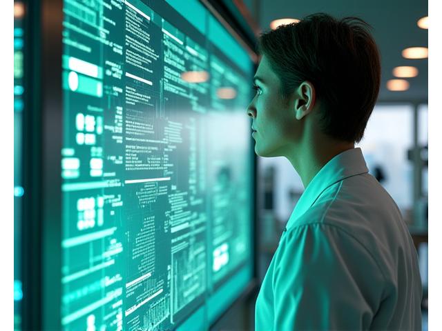 Scientist reviewing genetic data on a screen in a modern lab, charts and graphs visible