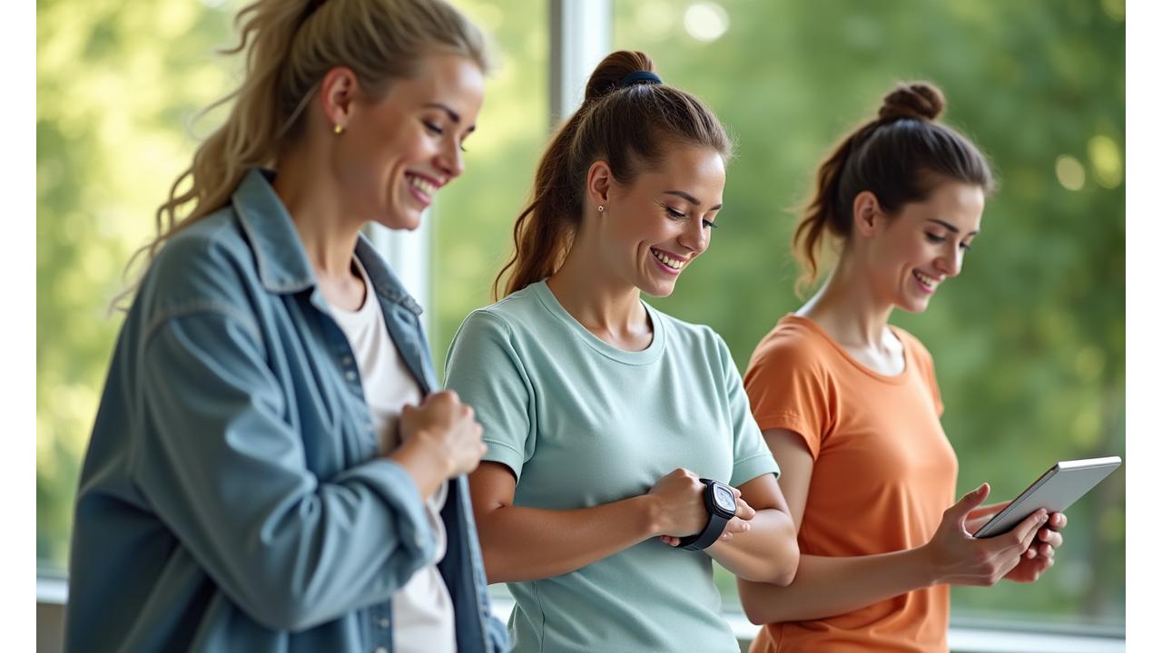 Diverse group of adults 35+ interacting with modern wellness technology and fitness trackers, smiling and looking healthy