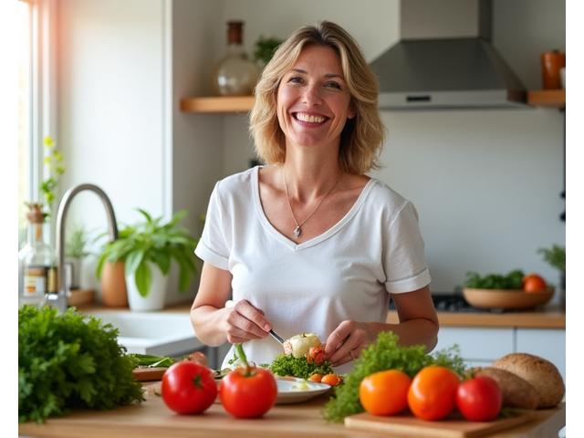 A woman in her 40s smiling while preparing healthy food in a bright kitchen, with fresh ingredients on the counter