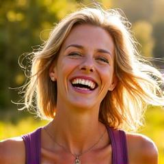Photo of Jennifer, 45, smiling energetically outdoors after her energy optimization program.