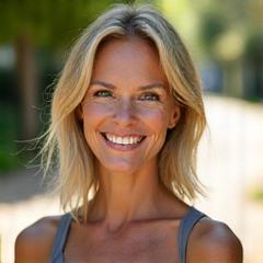 Photo of Sarah, 42, before and after her wellness transformation, looking more vibrant.