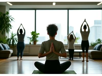 Employees participating in a corporate wellness mindfulness session in a modern office space.