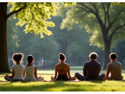 A small group of diverse adults meditating outdoors in a peaceful urban park setting.