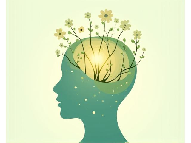 Illustration of a brain with intertwined gears and blooming flowers, symbolizing mental health and growth.