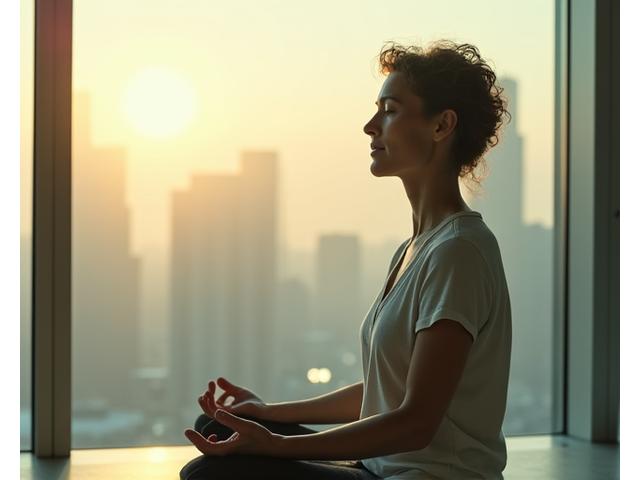 Woman meditating calmly amidst faint outlines of city life, representing finding peace in a busy environment.