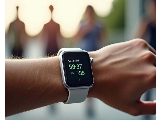 Sleek, silver wearable fitness tracker on a person's wrist, displaying a heart rate. The background is softly blurred with active, healthy adults.