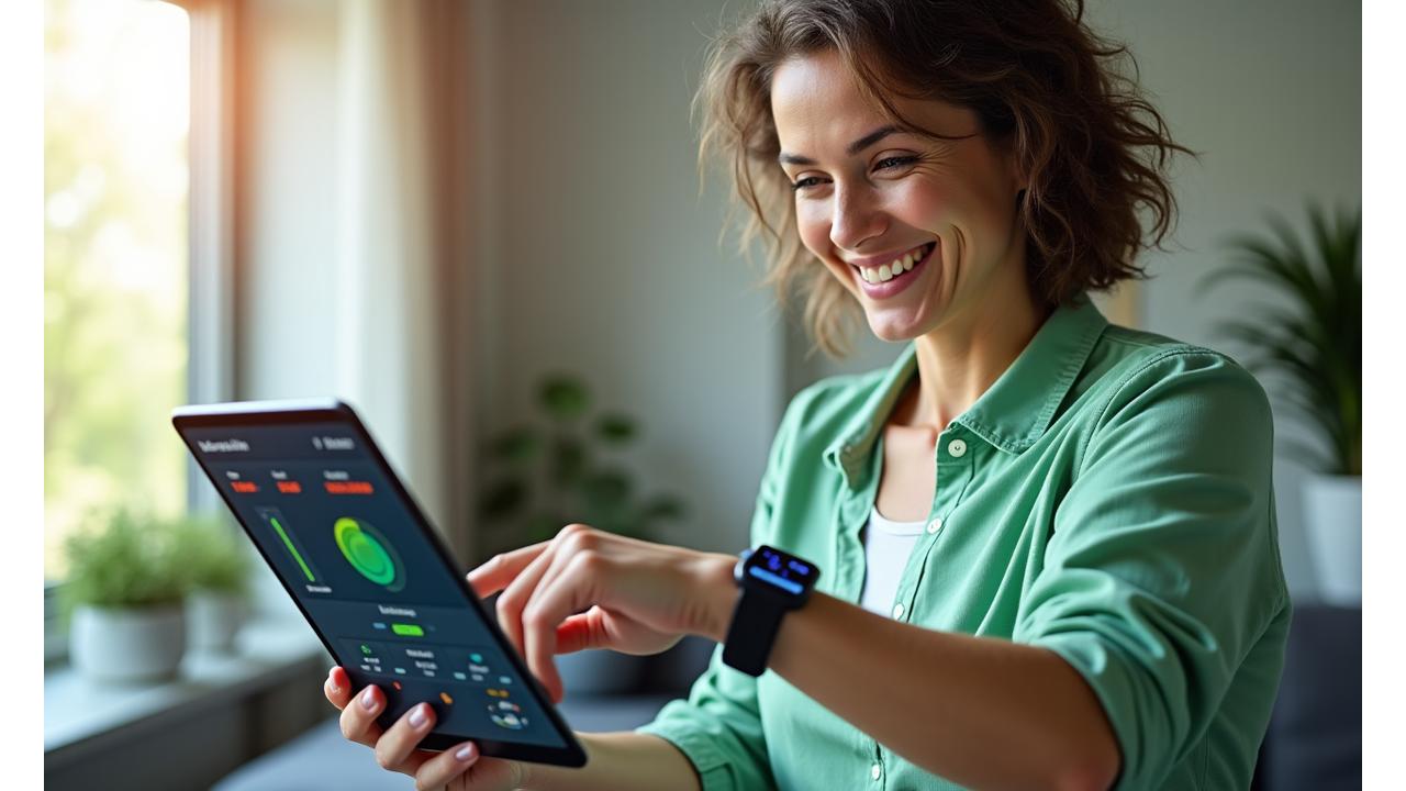 A smiling adult woman in her late 30s or early 40s reviewing a sleek, modern wearable fitness tracker on her wrist, with a tablet displaying health data in the background. The scene is bright and clean, emphasizing trust and technology.