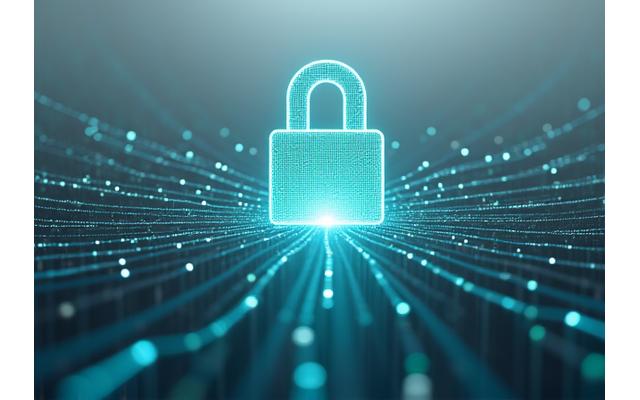 Digital lock icon over a network of interconnected data points, visually representing robust data security and privacy protection on a wellness platform.