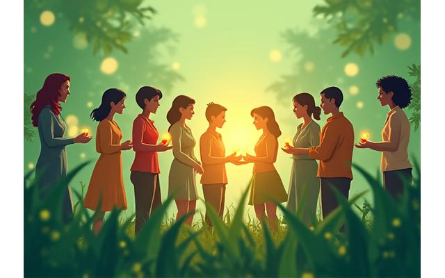 Illustration of diverse individuals collaborating respectfully within a digital community, depicting a healthy online environment.