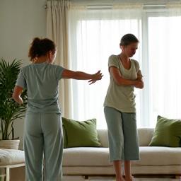 A diverse group of adults in light sportswear engaged in a gentle stretching exercise.