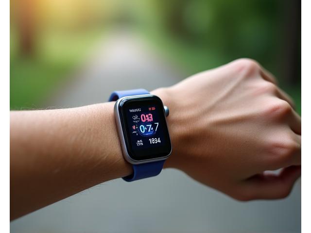 Person's wrist wearing a sleek fitness tracker, displaying heart rate and steps on a vibrant screen, blurred active background.