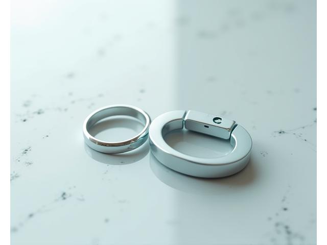A slender, minimalist smart ring resting on a clean, light surface next to a small, discreet sleep tracking device, emphasizing precision and non-invasiveness.