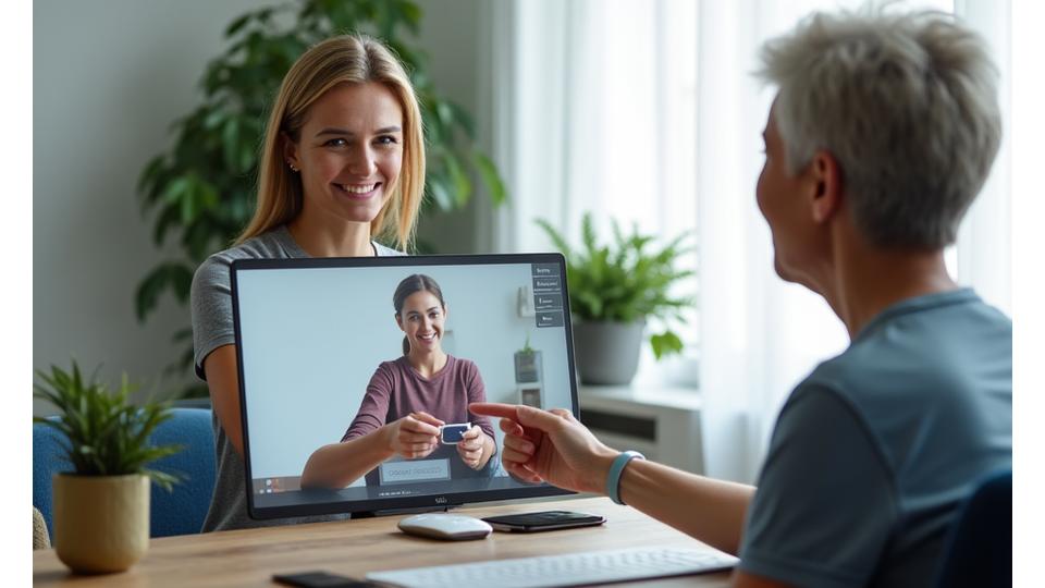 A friendly, professional VeraVita Wellness coach on a video call, patiently explaining a tech solution to a mature client who is holding a fitness tracker, demonstrating remote support.